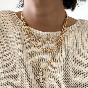 NEW 18k Gold Plated Retro 80's Crystal Cross Gold Layered Chain Stack Necklace